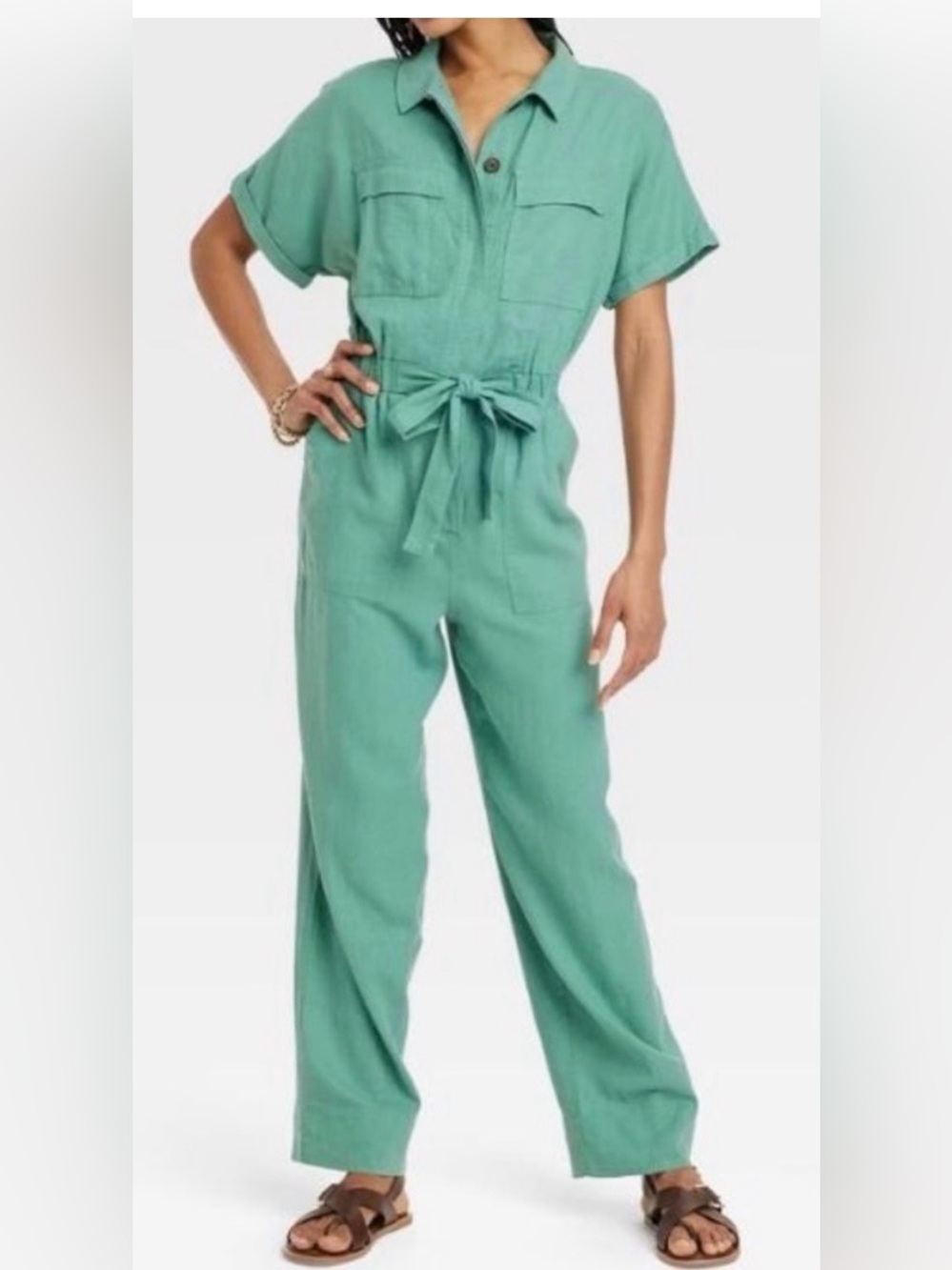 Universal Thread Mint Green Short-Sleeve Linen-Blend Jumpsuit